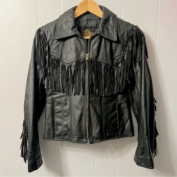 Vintage Jackets & Blazers - Vintage Branded Garments Fringe Leather Quilt Lined Jacket Black Biker Western